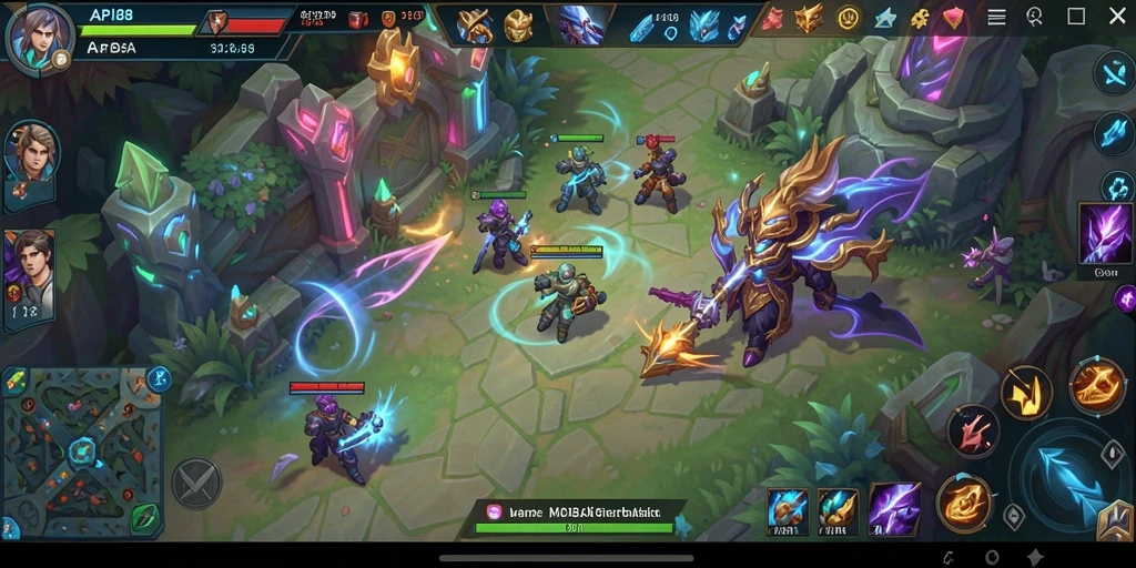 Screenshot utama API88 menunjukkan aksi pertarungan MOBA yang mendebarkan dengan tim.
