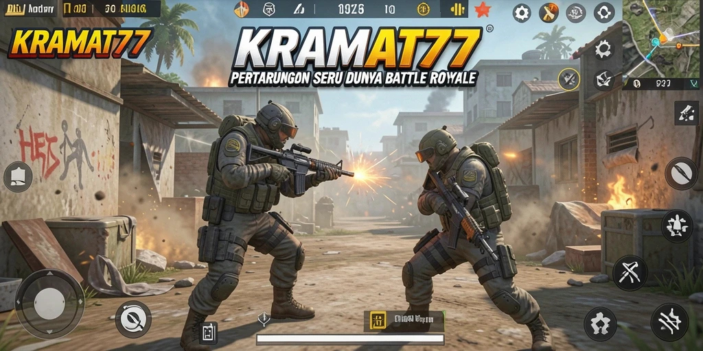 Gameplay KRAMAT77 menampilkan aksi pertempuran seru dalam arena Battle Royale.