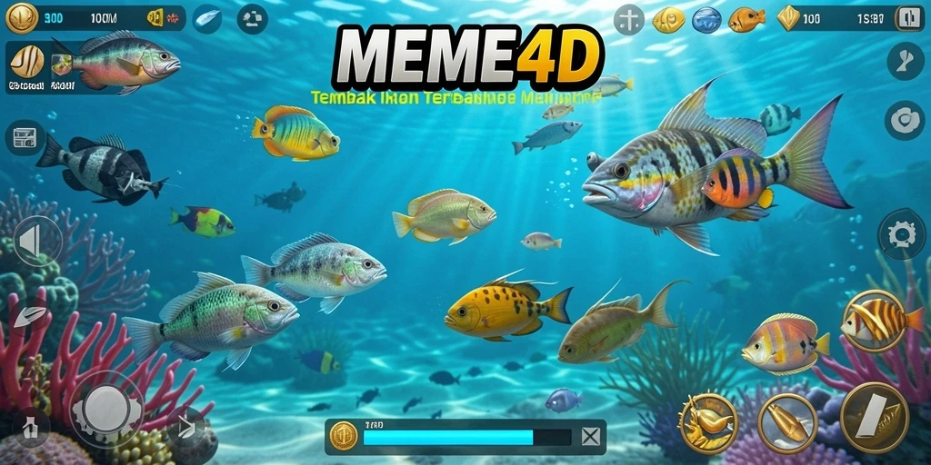 Tangkapan layar gameplay seru dari MEME4D dengan berbagai ikan.
